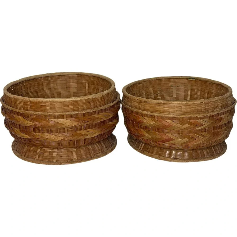 Vintage Woven Bamboo Rattan Round Storage Baskets Planters 2 Brown Boho Natural